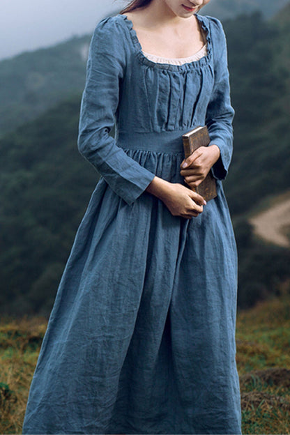 A line long sleeves spring linen dress HY0036