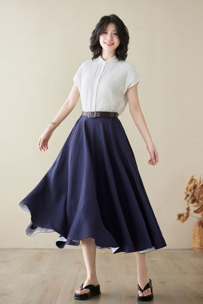 A line navy blue swing midi linen skirt 4971 -Size XS #CK2400195