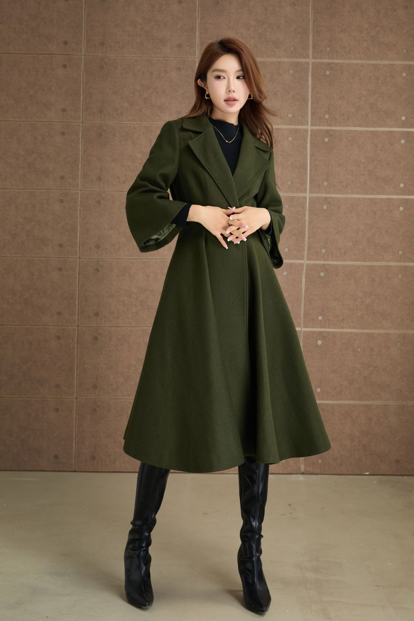 Green princess long winter wool coat 5364