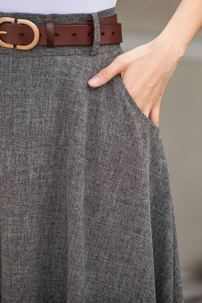 Gray A line High waist Linen Maxi Skirt with Pockets  2782
