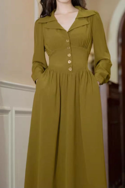 Army Green Polyester Midi Dress - Vintage Fit and Flare 4841
