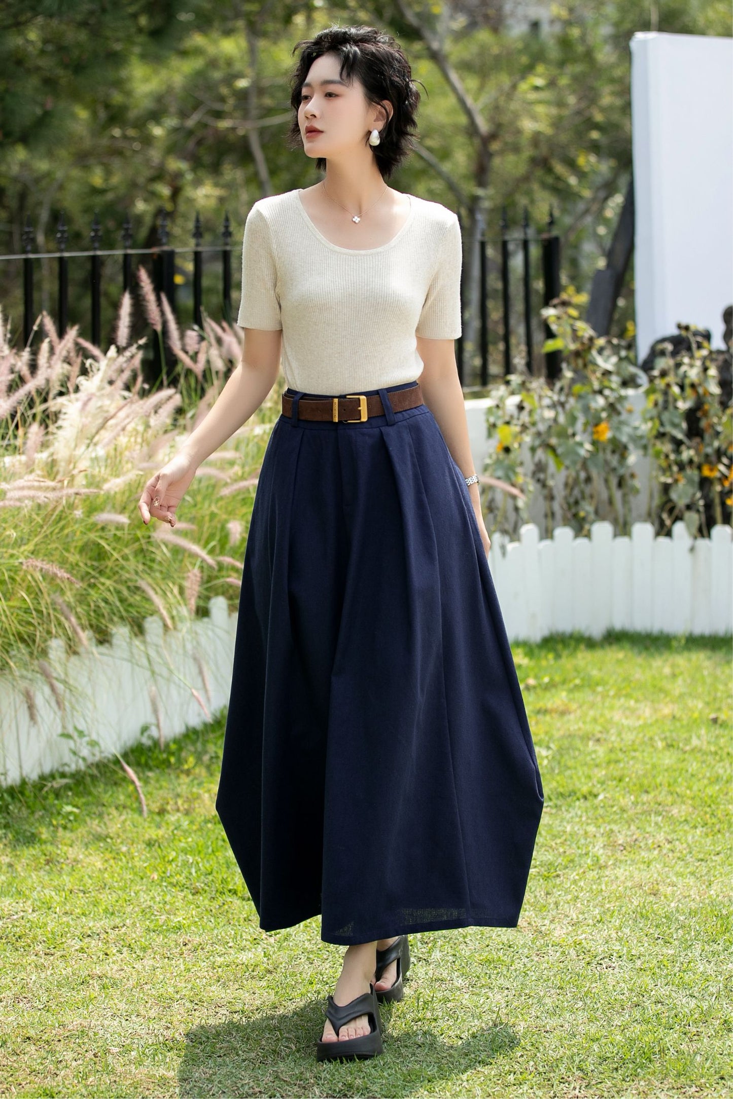 Handmade Navy Linen Cotton Asymmetrical Maxi Skirt | Xiaolizi 6740