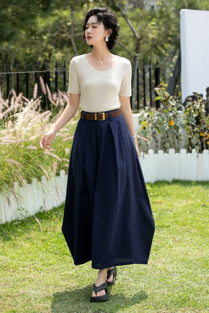 Handmade Navy Linen Cotton Asymmetrical Maxi Skirt | Xiaolizi 6740