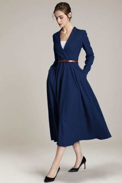 Elegant Wool V-Neck Dress – Long Sleeve Midi Winter Dress 5489