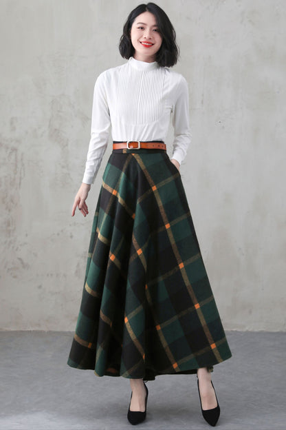 Handmade Forest Green Plaid Wool Maxi Skirt – Vintage High Waist A-line Winter Elegance 5274