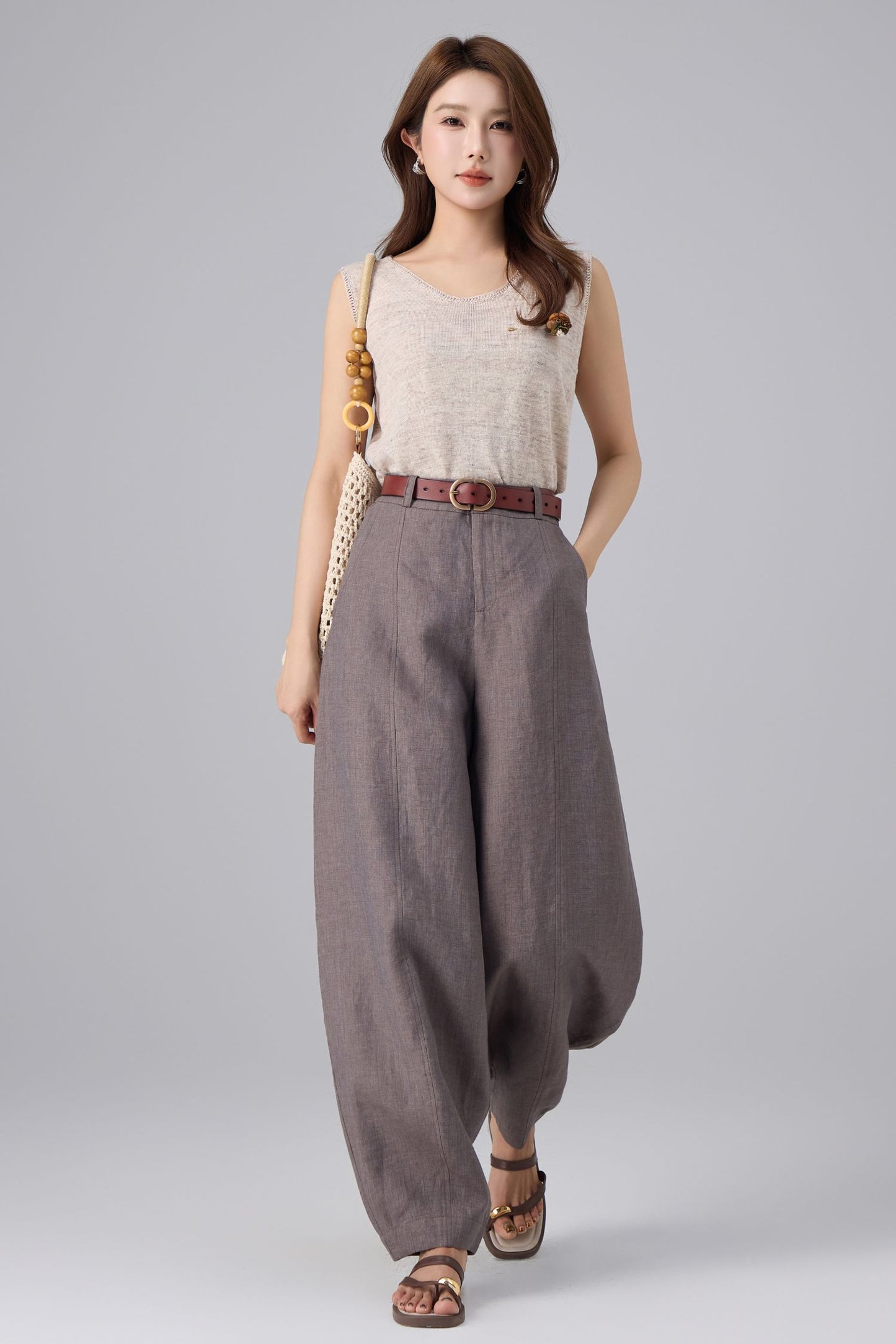 Charcoal Linen Pants - High Waist Lantern | Xiaolizi 6758