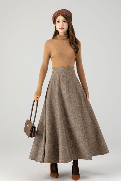 Khaki Wool Blend A-Line Maxi Skirt - High Waist Lined | Xiaolizi 4608