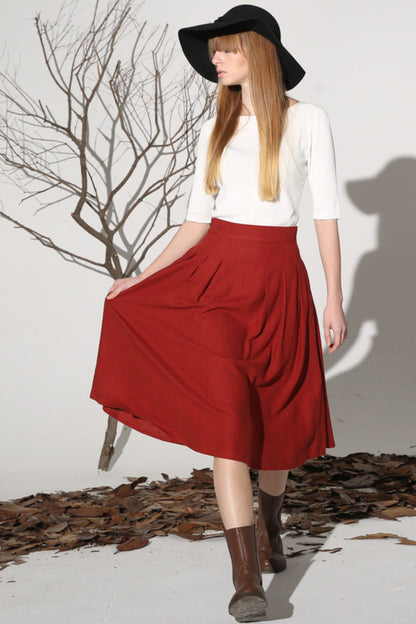 Rust Linen Cotton A-Line Midi Skirt - Pleated Waist Detail 1155
