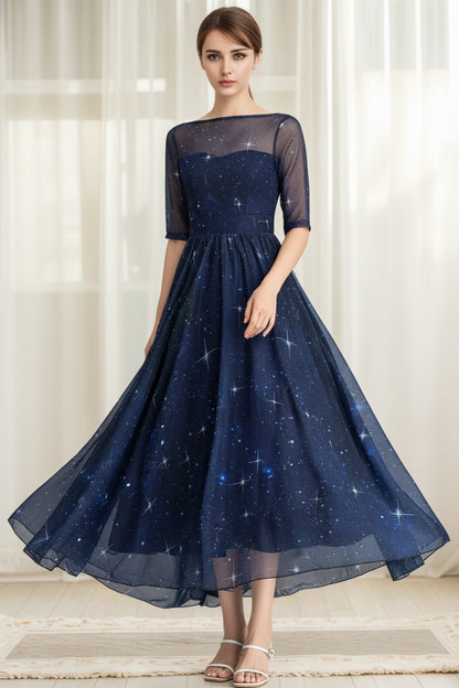 Starry Sky Chiffon Midi Dress – Navy Blue Illusion Neck Swing Dress 6629