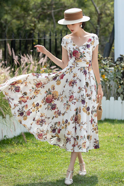Floral Linen Cotton A-Line Midi Dress for Women 6738 - Size XS #CK2600264