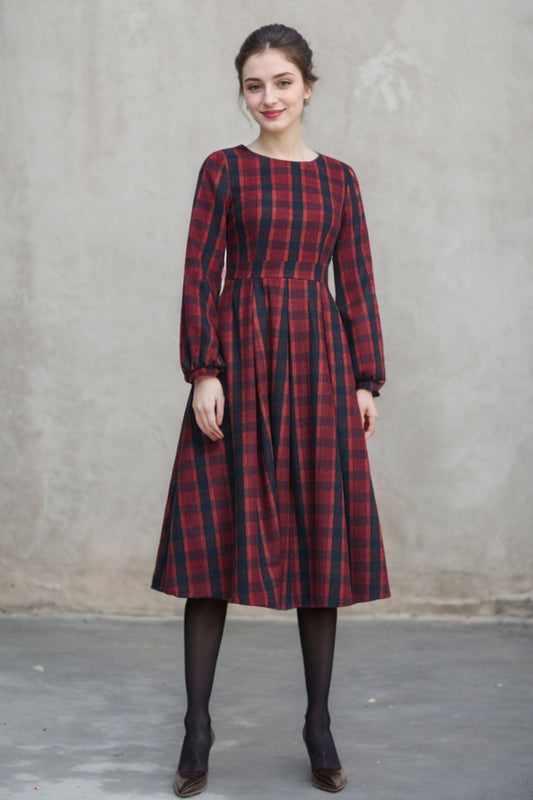 Red Plaid Wool Dress – Vintage Long Sleeve Winter Midi | Xiaolizi 5404