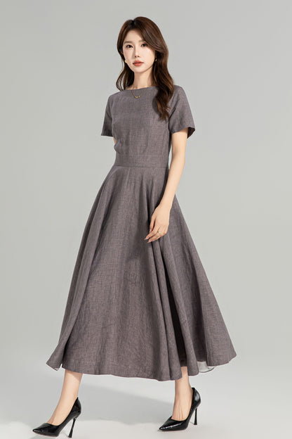 Cottagecore Linen Midi Dress with Pockets – Vintage Fit and Flare Summer Dress 4960