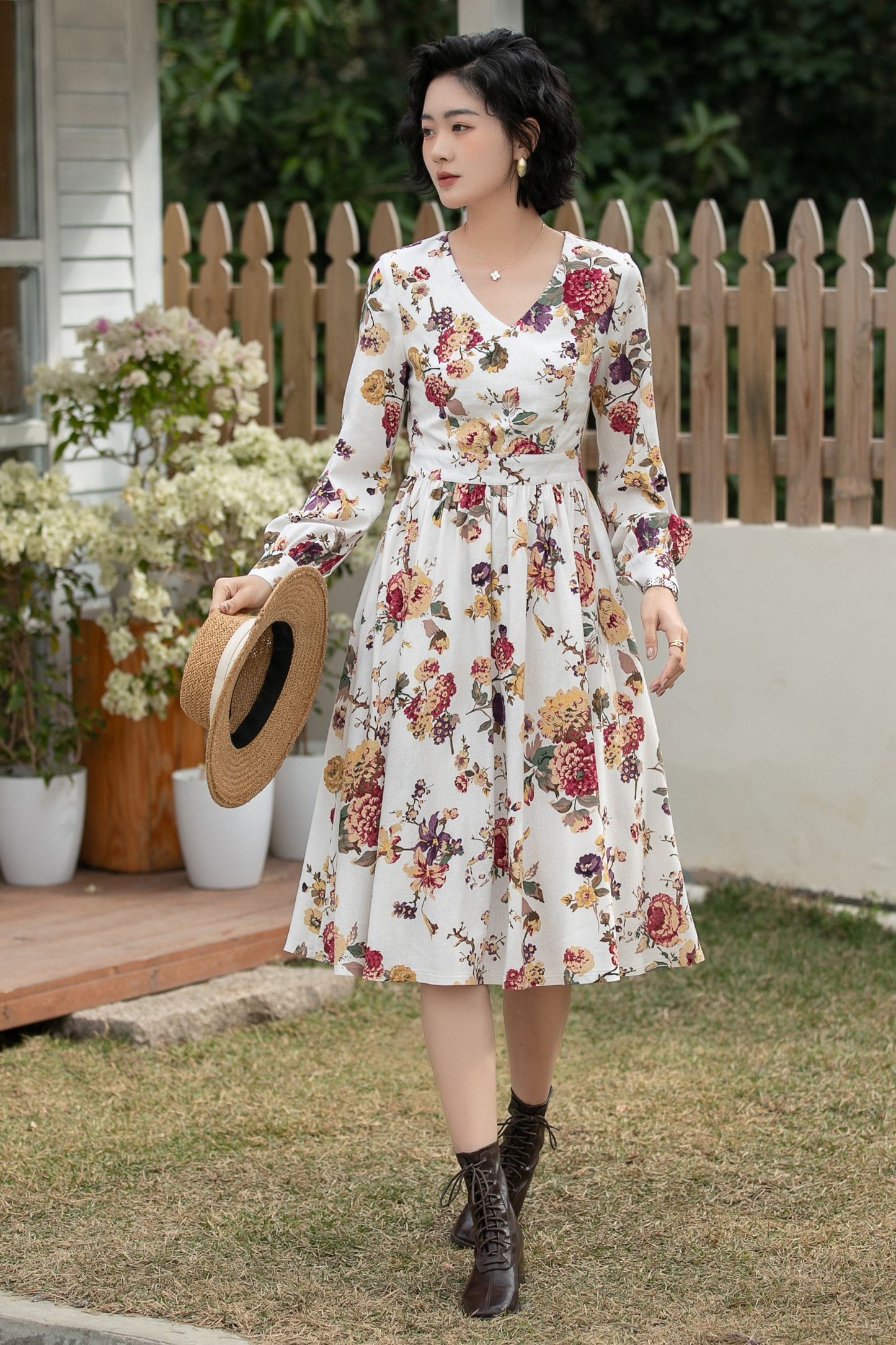 Xiaolizi Floral Linen Midi Dress – Vintage V Neck Swing 6692