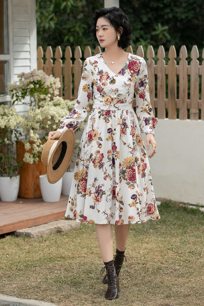 Xiaolizi Floral Linen Midi Dress – Vintage V Neck Swing 6692