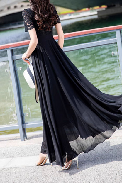 Black chiffon and lace summer maxi dress 5025