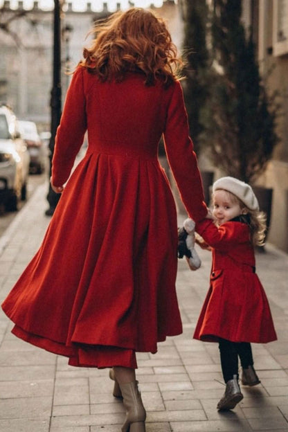 Elegant Red Wool Blend Coat – Handmade Fit & Flare Long Winter Coat | Xiaolizi 3189