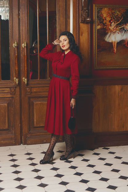 Burgundy Wool Fit & Flare Dress - A-Line Long Sleeve | Xiaolizi 4815