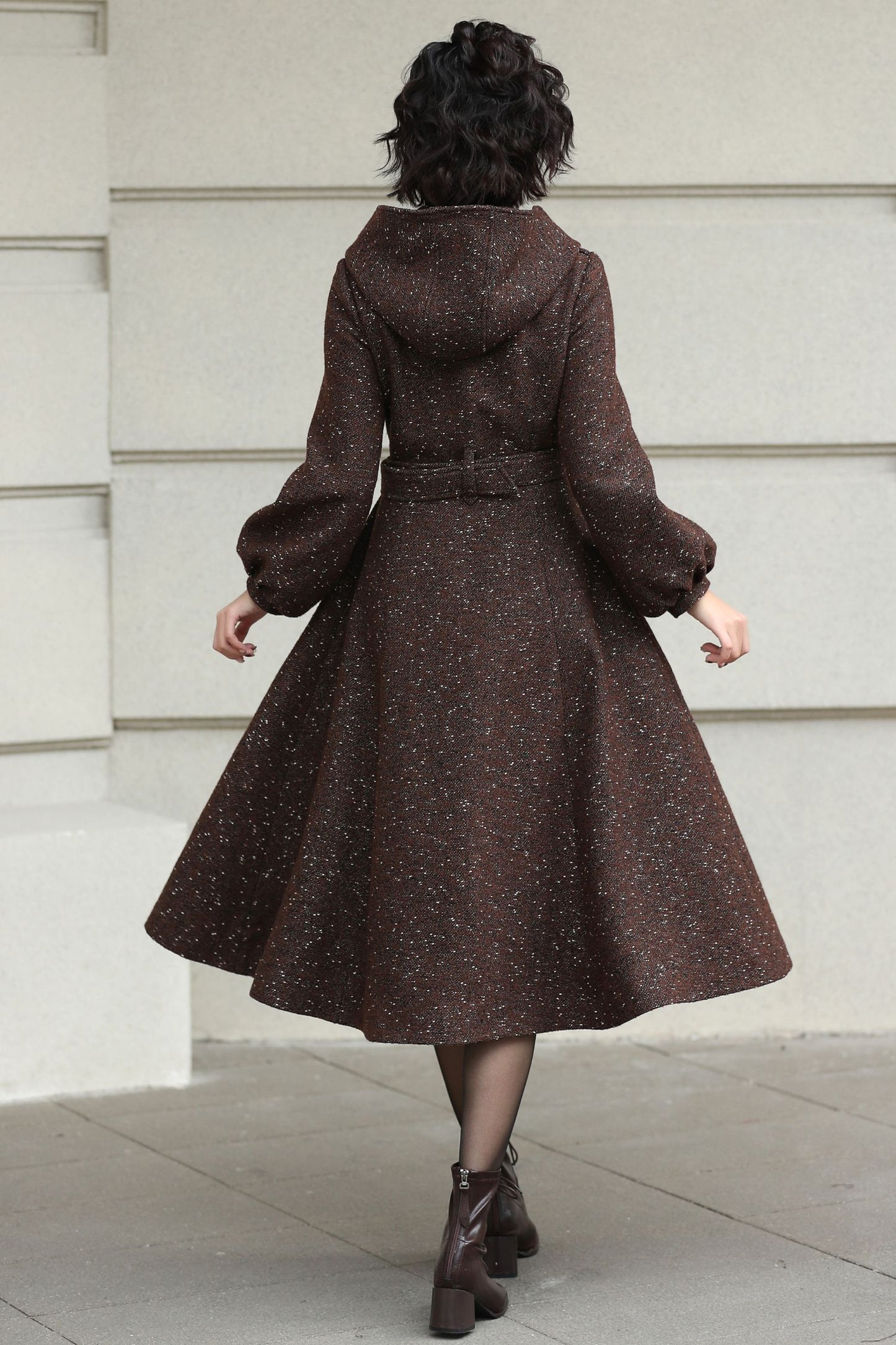 Xiaolizi Handmade Vintage Wool Coat – Brown Hooded Belted Swing Winter Coat 6610