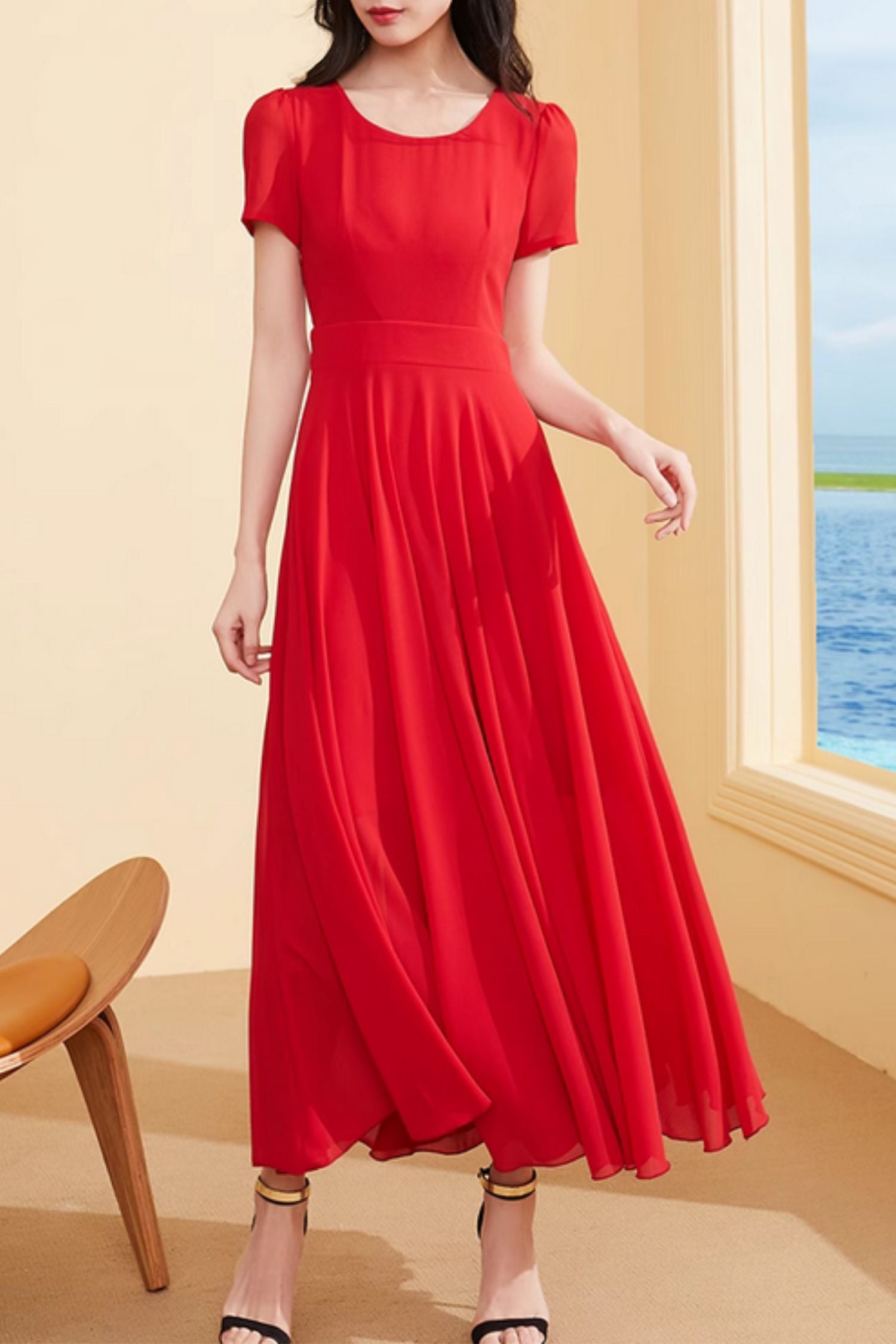 Red fit and flare maxi summer beach dress 5005 – Xiaolizi