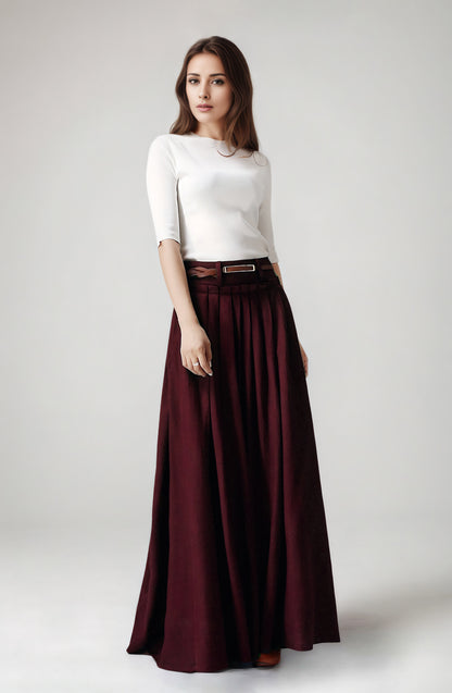 Handmade Burgundy Linen Maxi Skirt – High Waist with Pockets 6749
