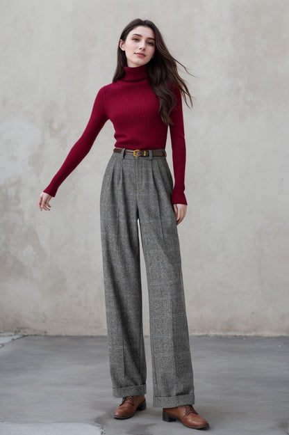 Gray Wool Wide Leg Pants – Vintage High Waist Winter Trousers with Pockets 5320