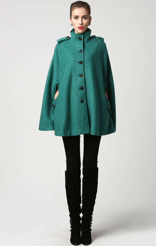 Green Wool Cape Coat for Women – Stand Collar Winter Cloak with Pockets, Xiaolizi 1129
