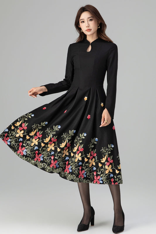 Timeless Black Wool Midi Dress – Floral Embroidery, A-Line Pleats – 6397
