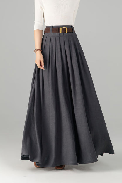 Dark Grey Linen Cotton Maxi Skirt - Pleated Waist with Side Pockets 5701