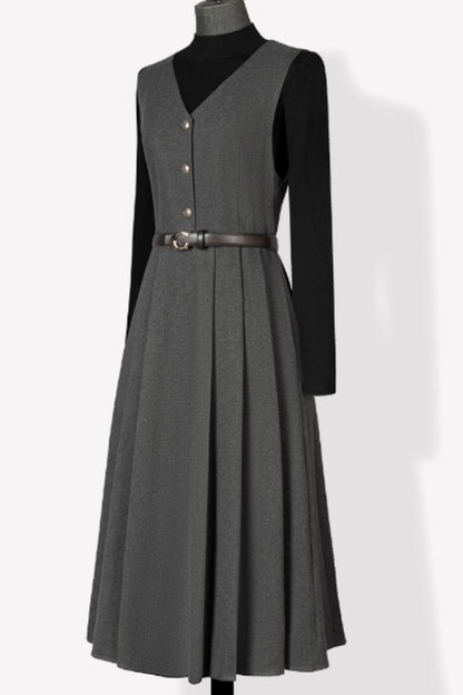 Wool Pinafore Dress for Women – Sleeveless A-line Charcoal Gray Winter Dress | Xiaolizi 6603