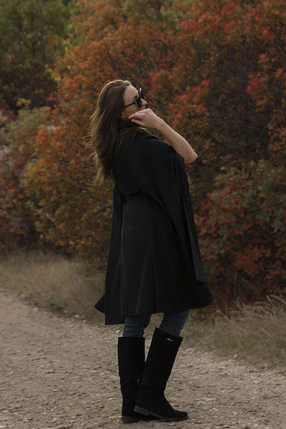 Black Winter Wool Cape Coat 3216