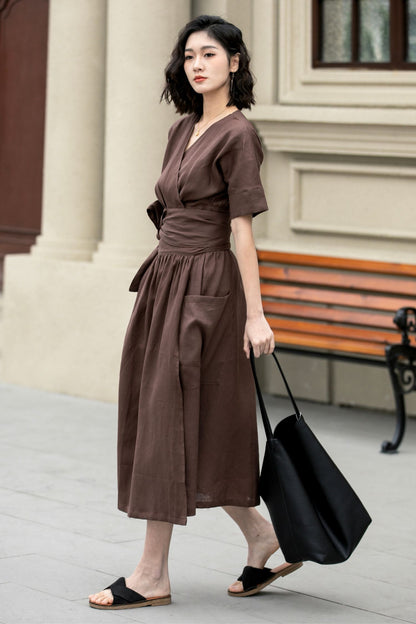 Fit and flare brown midi linen dress 4957