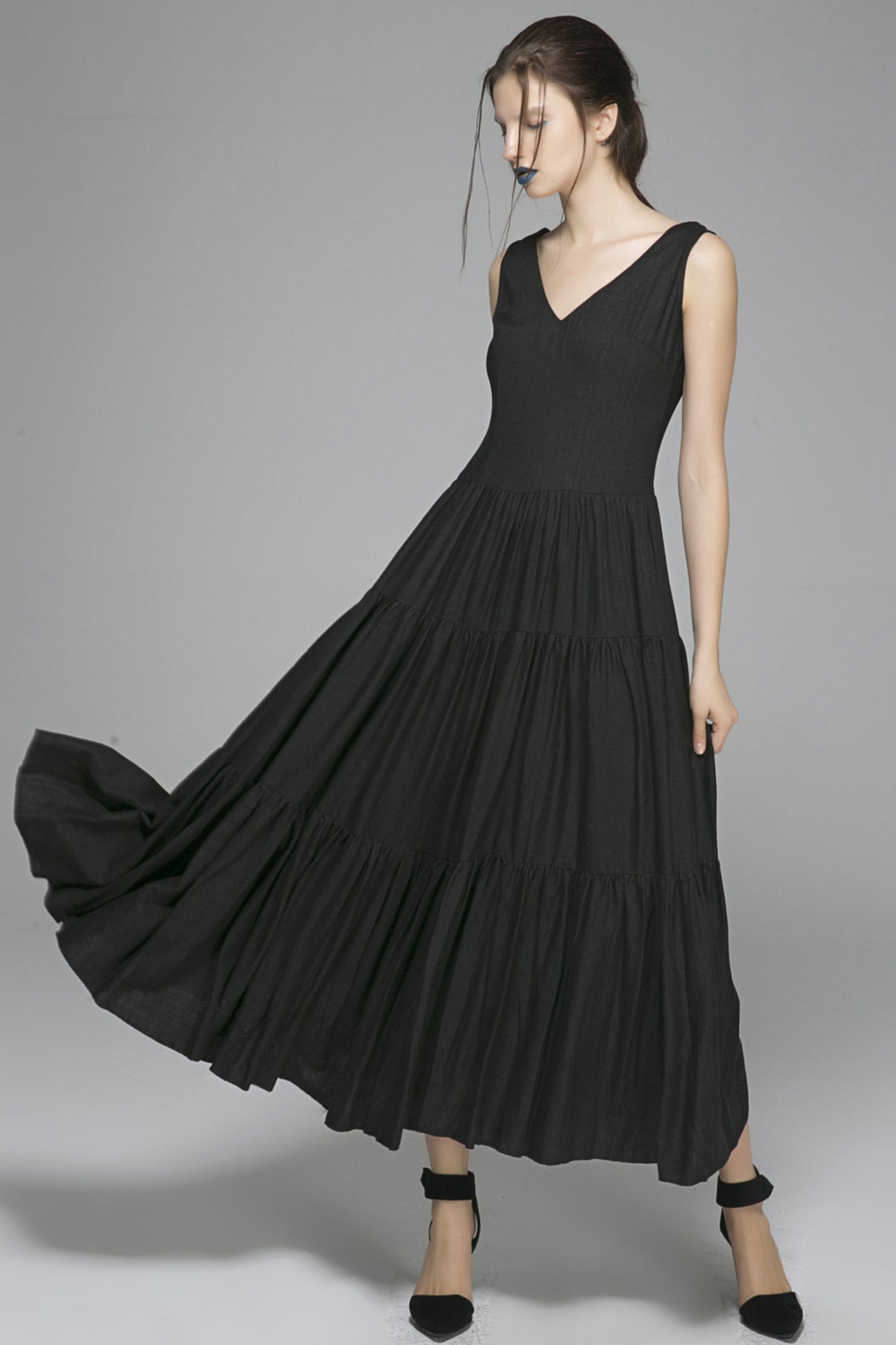 Black linen dress prom dress wedding dress women dress 1404