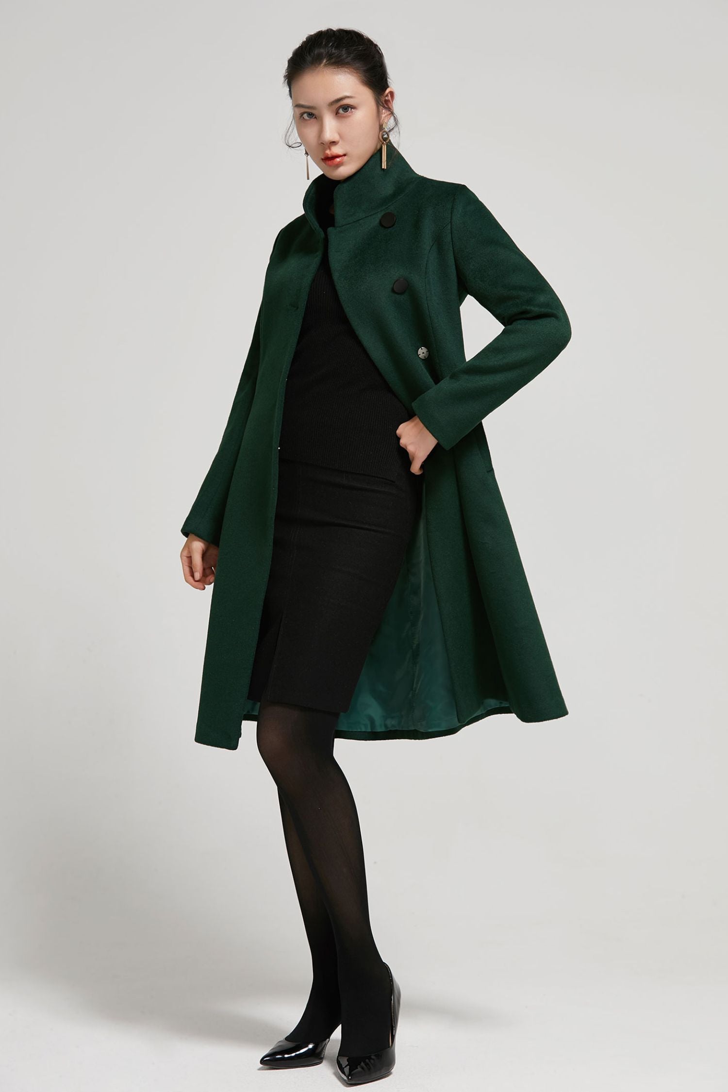 green winter dress coat Emerald Green Wool A-Line Winter Coat with Vintage Stand Collar Emerald Green / Custom order