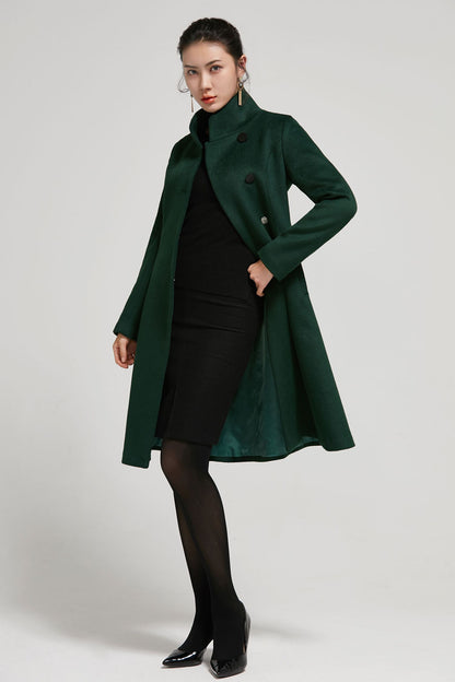 Emerald Green Wool A-Line Winter Coat - Vintage Stand Collar 2313