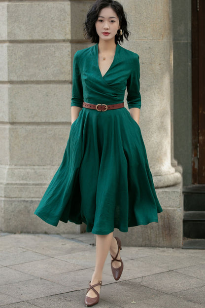 Green Linen Midi Dress - A-Line Flowy Elegance 5677