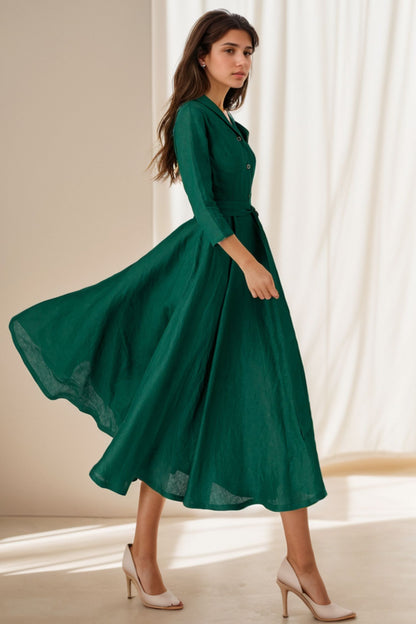 Green swing linen shirt dress for women 5122