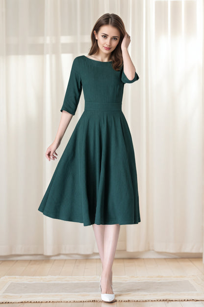 Handmade Dark Green Linen Cotton Midi Dress – Fit & Flare with Pockets 6630
