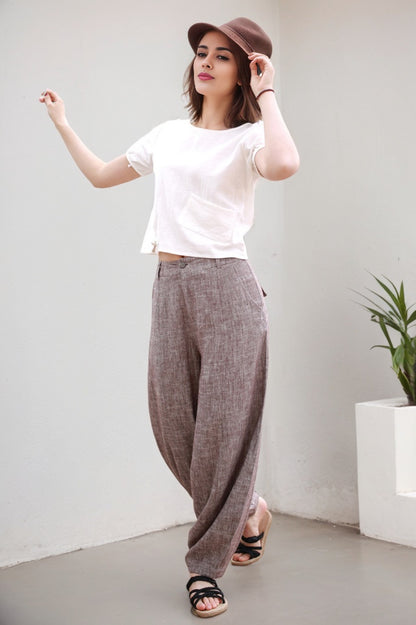 Dusty Mauve Ankle Length Linen Cotton Tapered Pants 2169