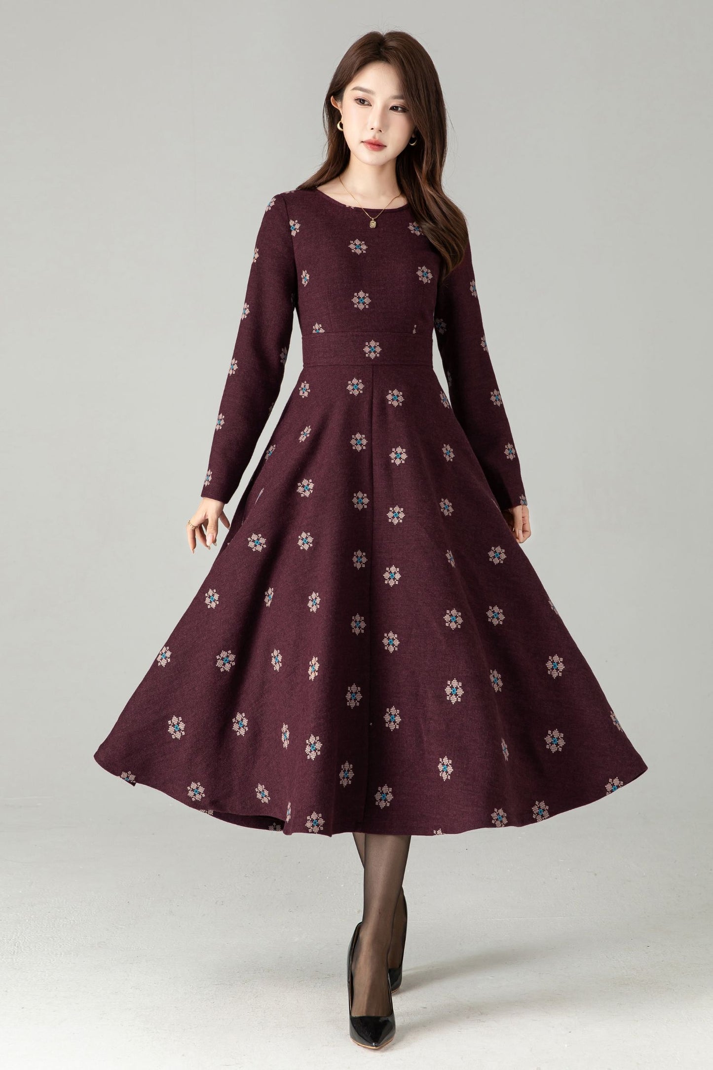 Burgundy Embroidered Wool Midi Dress – Fit & Flare Winter Swing Dress | Xiaolizi 6569
