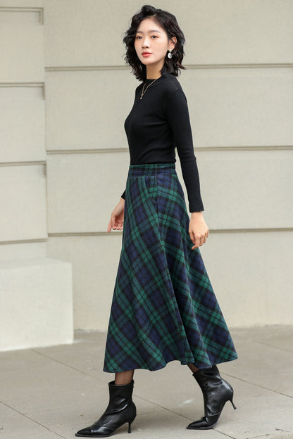 Plaid Wool Midi Skirt - Pleated Circle Silhouette with Elastic Waist 6422