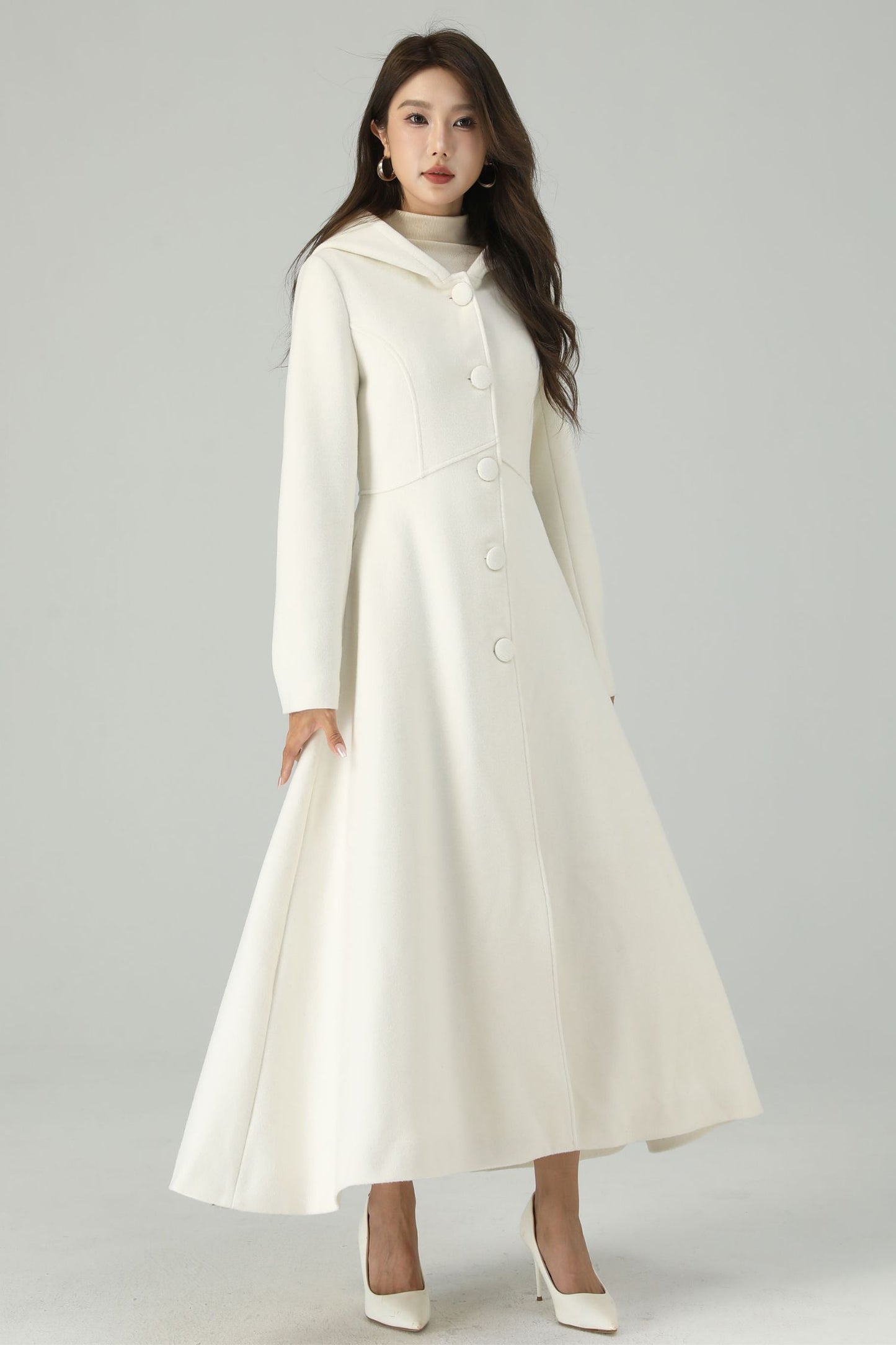 Hooded maxi white wedding wool coat 4519