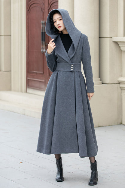Handmade Gray Hooded Long Wool Coat for Women – Elegant Winter Fashion 5344