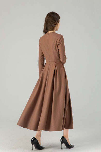 Dark Green Wool Midi Dress - Swing Silhouette with Detachable Cape 4560