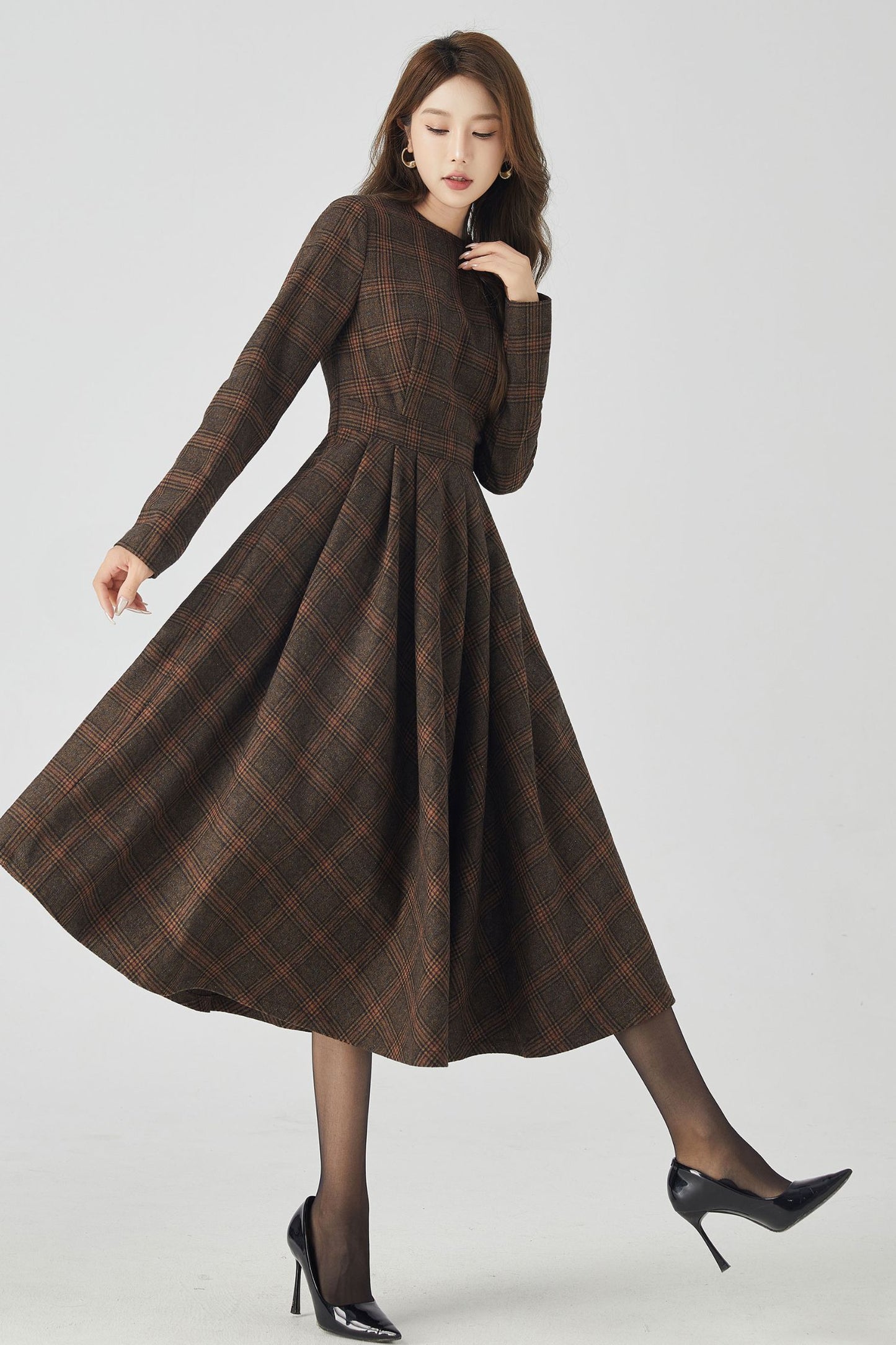 Long Sleeve Plaid Midi Wool Dress 4523