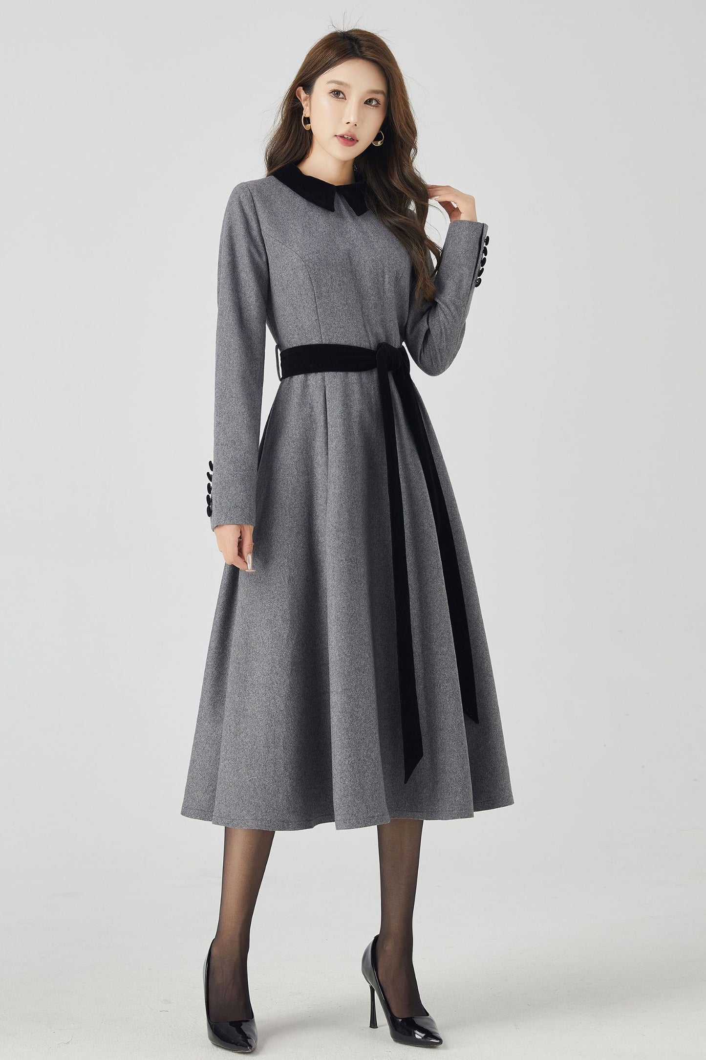 Gray Swing Fit and Flare Wool Dress 5247