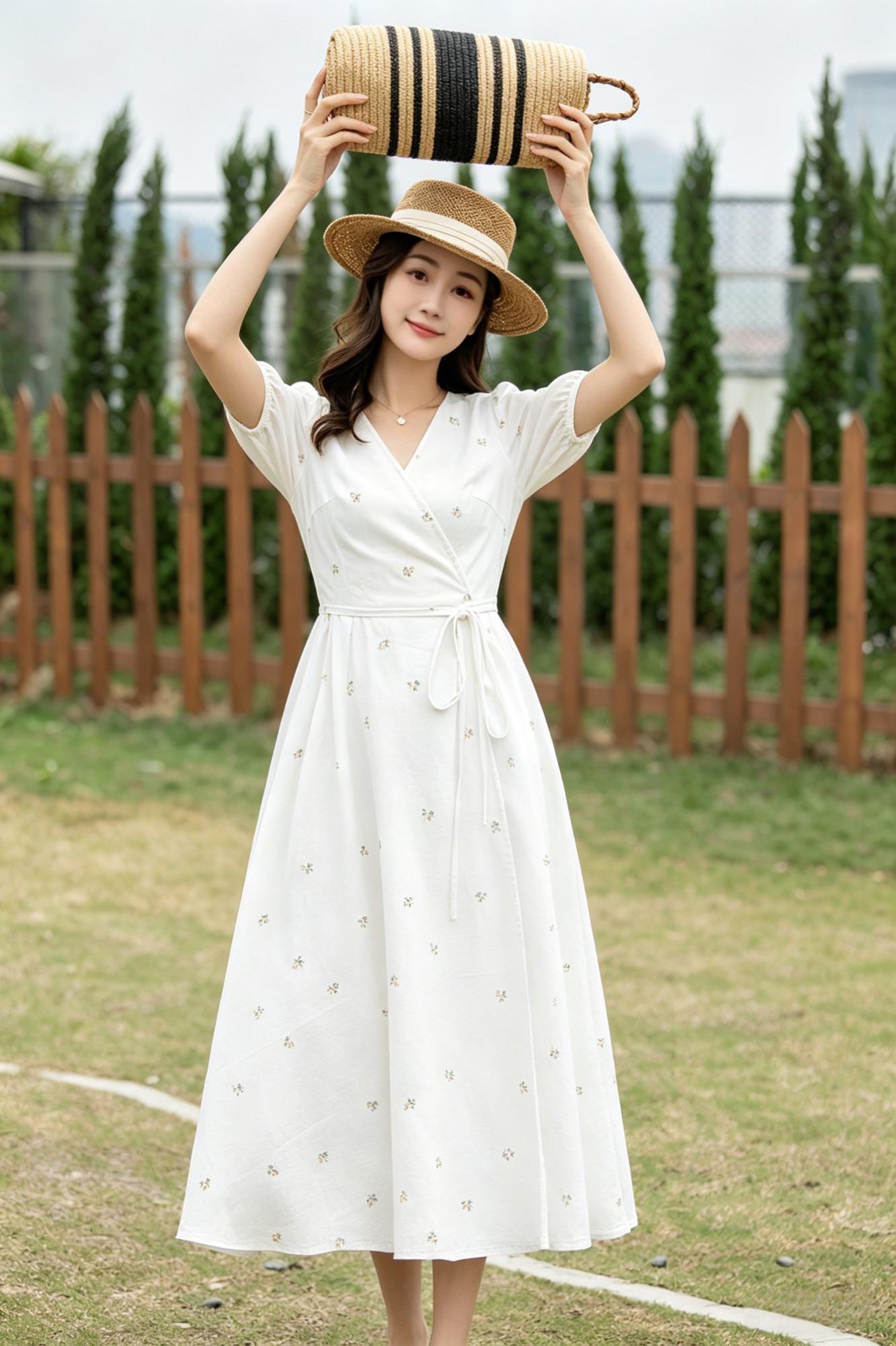 White Cotton Linen Wrap Midi Dress - Floral Embroidery V-Neck | Xiaolizi 6786