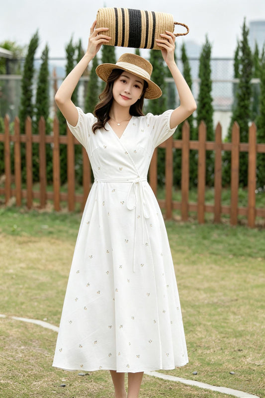 White Cotton Linen Wrap Midi Dress - Floral Embroidery V-Neck | Xiaolizi 6786