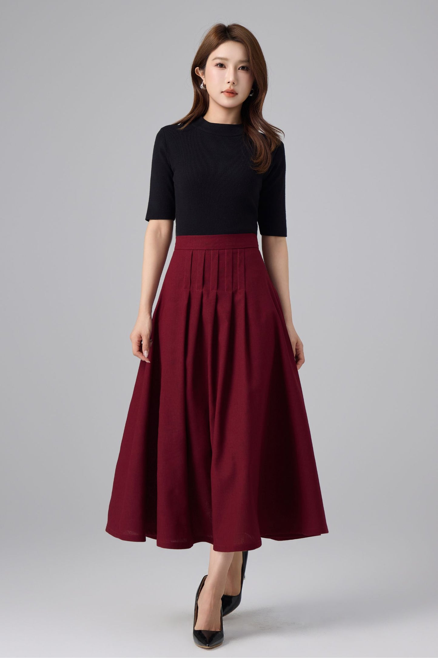 Burgundy Linen Midi Skirt - High Waist Pleated A-Line | Xiaolizi 6759