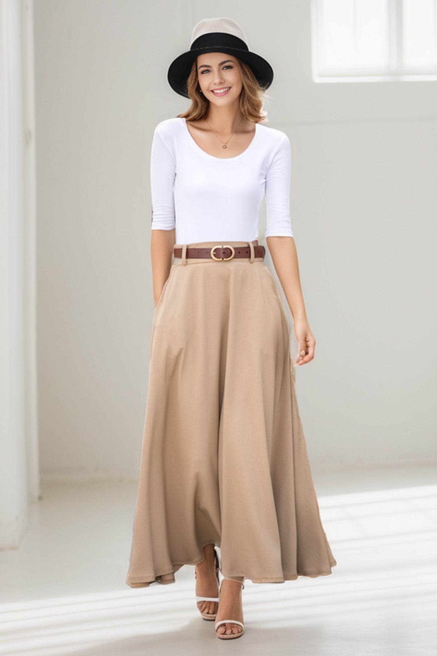 Khaki A line Swing Linen Maxi Skirt with Pockets  2780