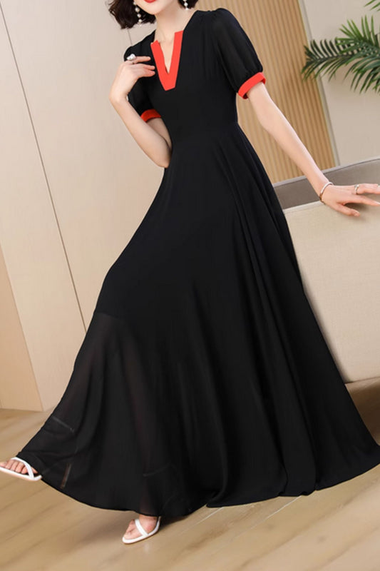 Maxi black bohemian swing chiffon dress 5049